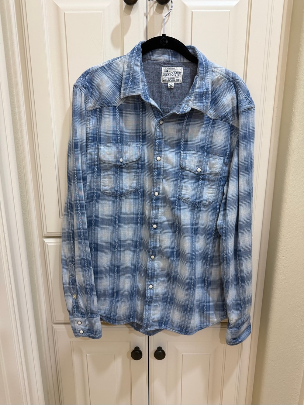 Lucky Brand Light Blue Plaid Casual Men's Pearl Snap Button-Up Shirt